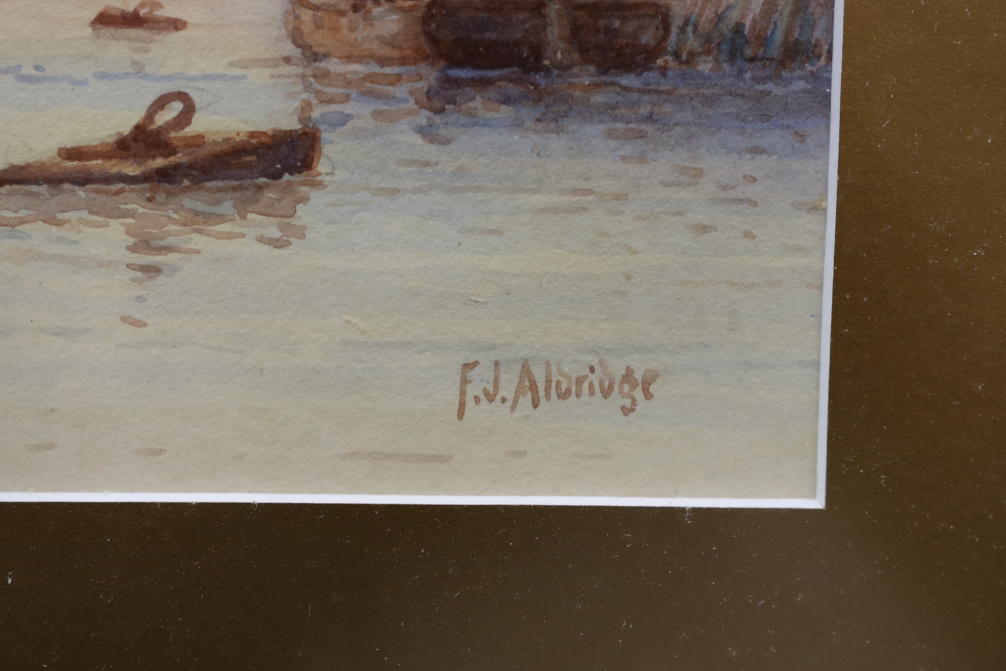 Frederick James Aldridge (1850-1933), watercolour, Sail barges leaving harbour, signed, 26 x 37cm
